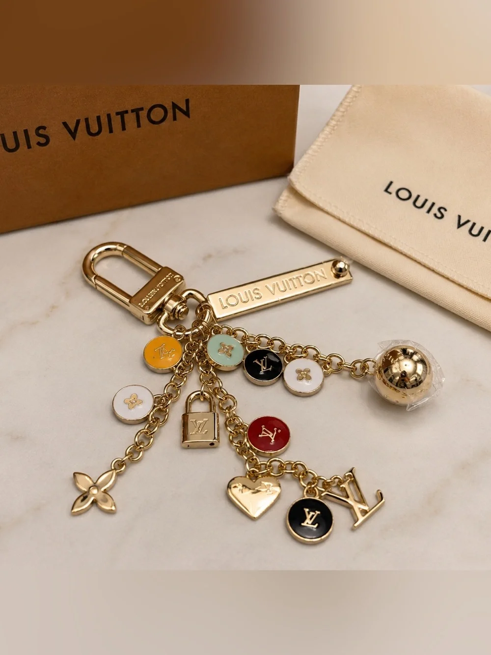 Louis Vuitton stamped Gold-Tone Multicolor Charm Keychain/ bag charmEnamel Discs
